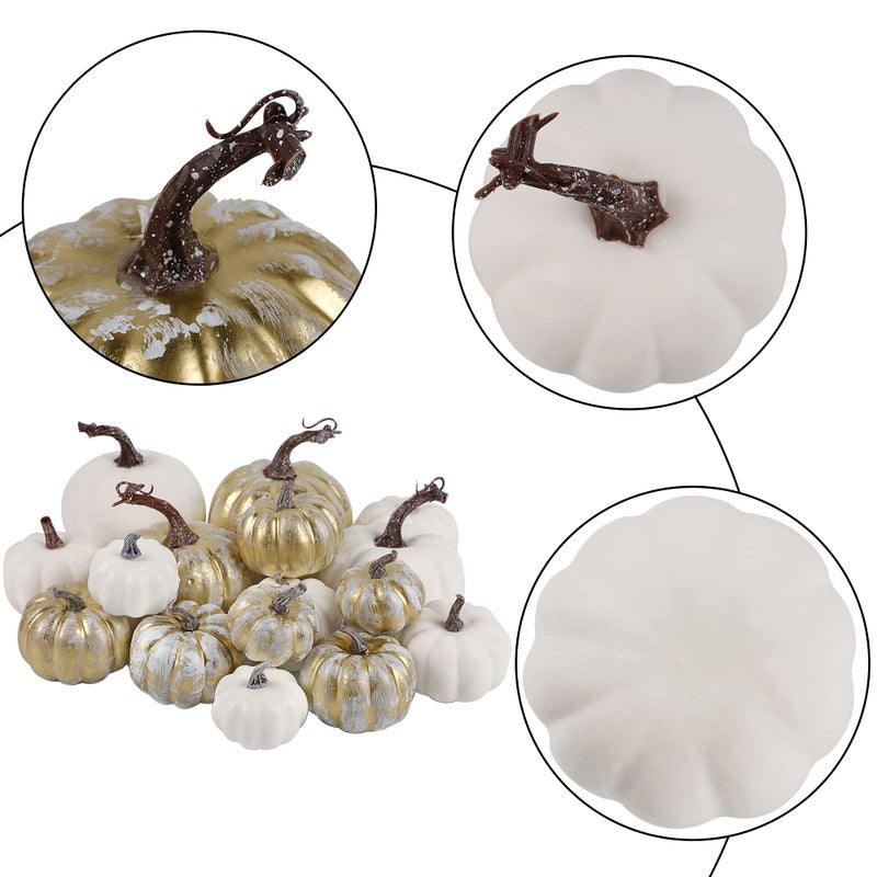 winemana 16 Pcs Golden and White Pumpkins Thanksgiving Pumpkin Decorations Assorted Sizes  Artificial Foam Harvest Autumn Decor  Fake Pumpkins Fall Decorations for Indoor Home Kitchen Table Mantle - Image 3
